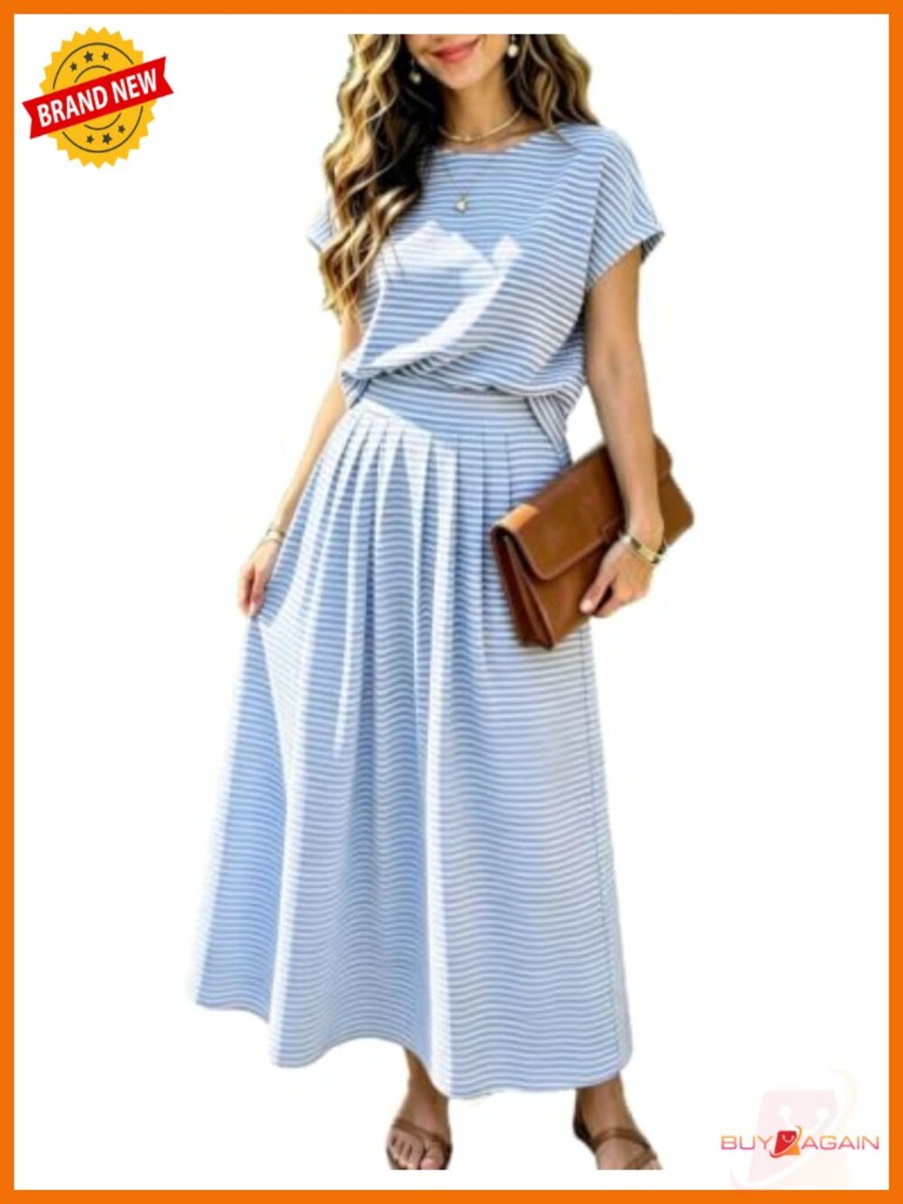 Women's Striped 2 Piece Skirt Set Cropped Top High Waisted Midi Skirt Outfit